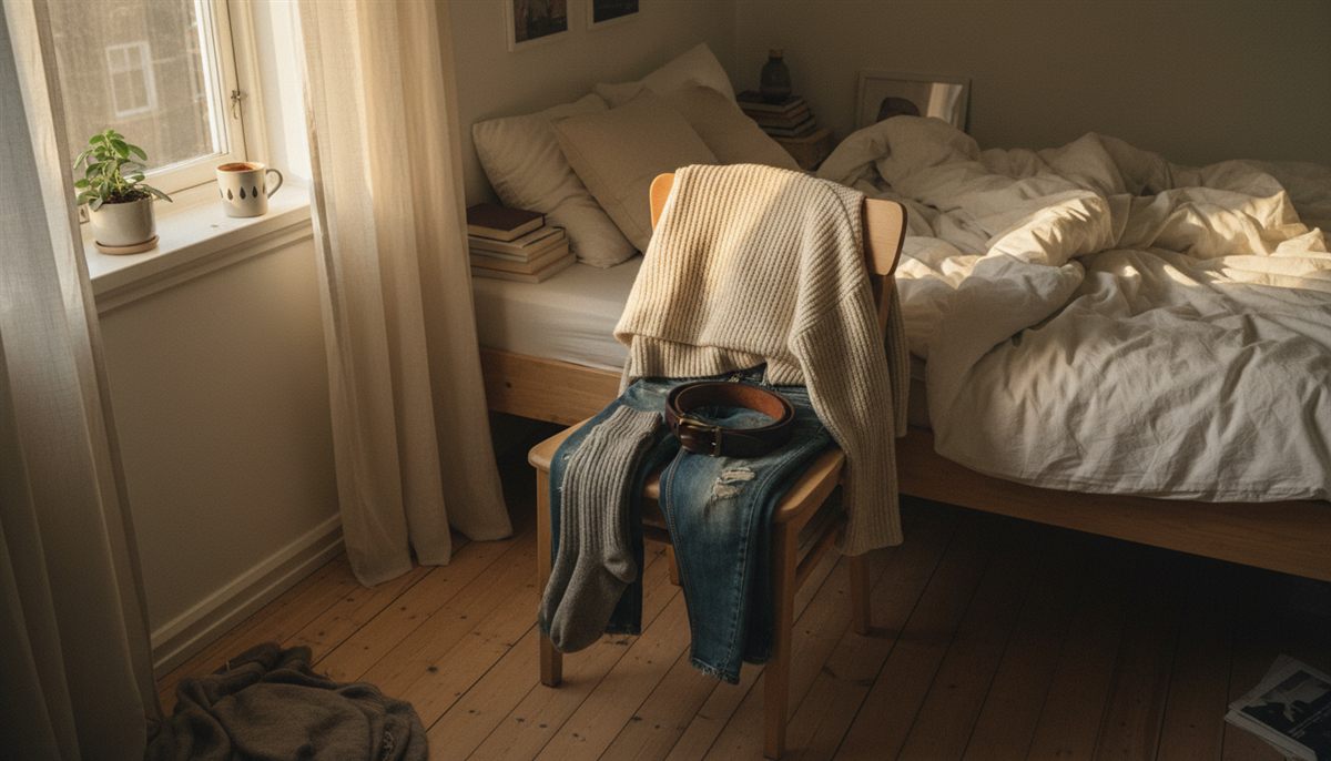 Morgendagens outfit lagt frem over en stol i morgensol