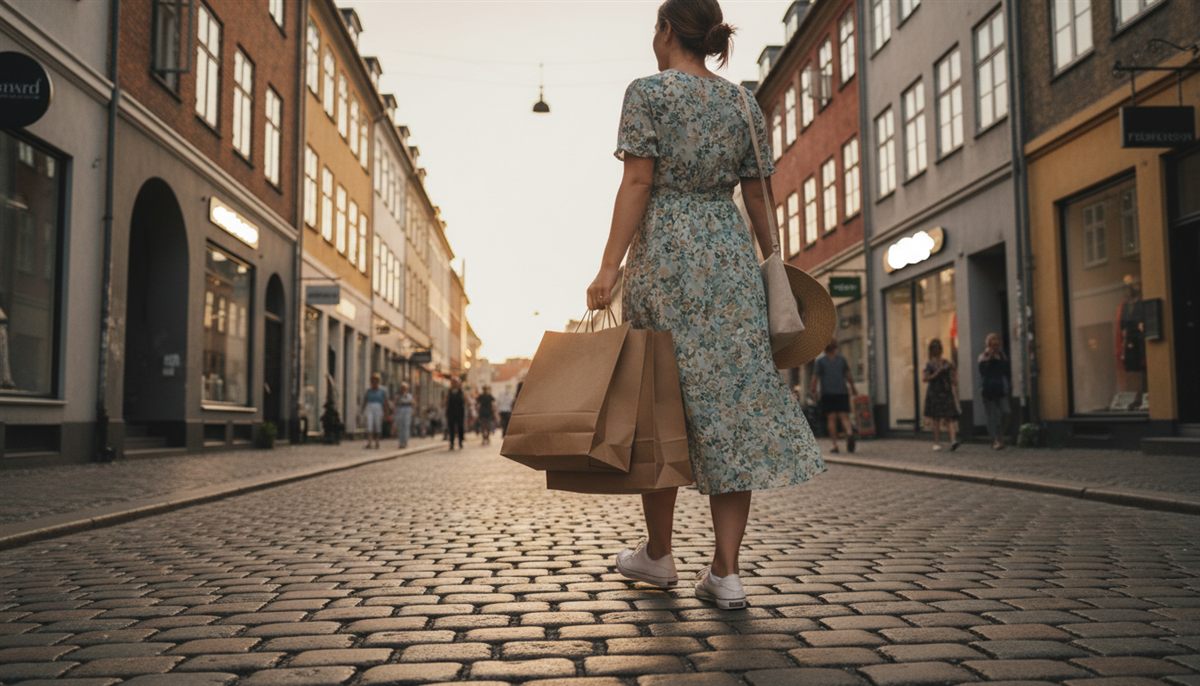 Kvinde med indkøbsposer på en dansk gågade i aftensol